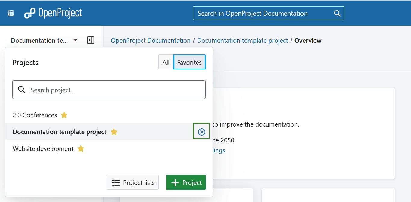 Désélectionner un projet de la liste des projets dans OpenProject