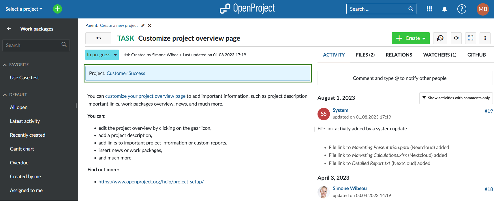 The project containing the current work package is highlighted when opening it from outside the project