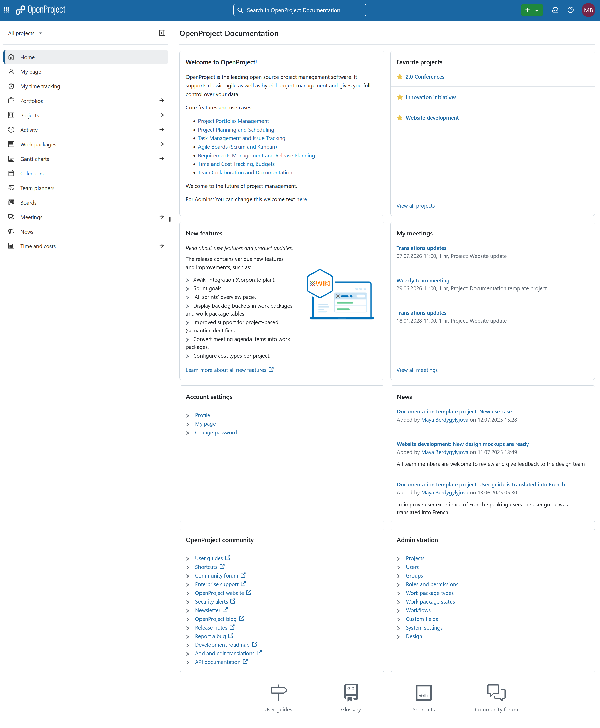 Application home page of OpenProject instance