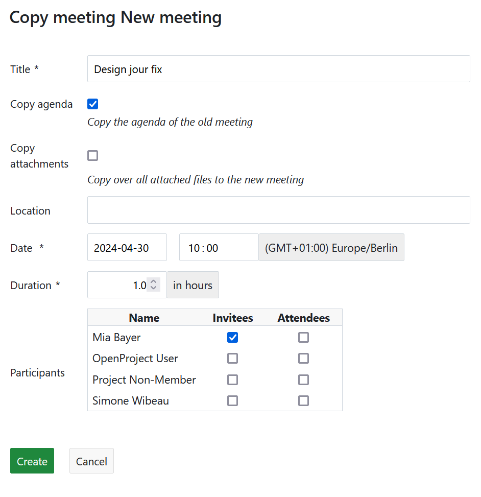 Editar detalles de una reunión dinámica copiada en OpenProject