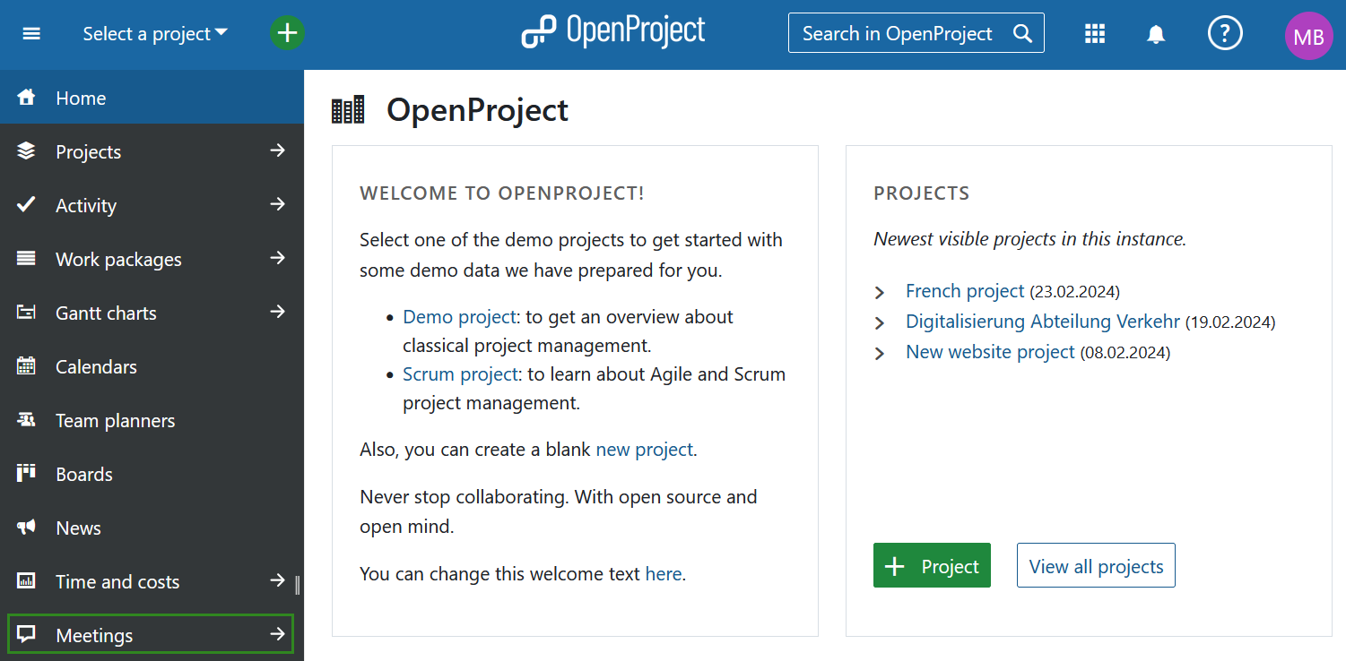 Seleccionar módulo de reuniones de módulos globales de proyecto abierto 