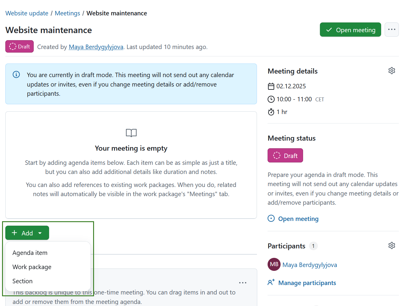 O botão de adicionar no módulo Reuniões do OpenProject com três opções: secção, ponto da agenda ou pacote de trabalho