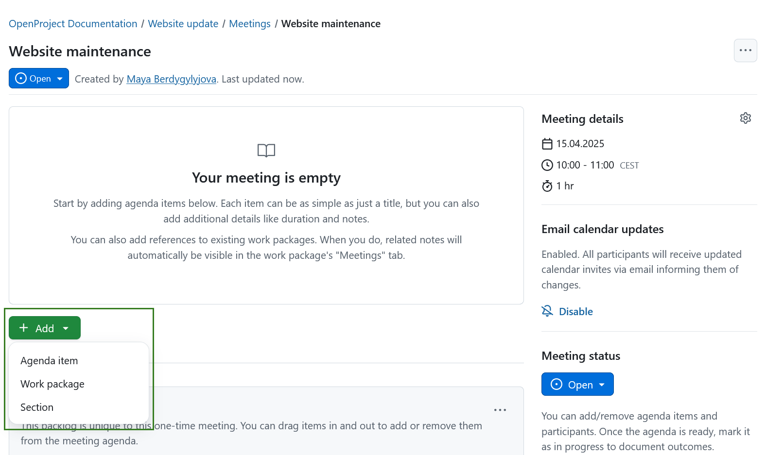 O botão de adicionar no módulo Reuniões do OpenProject com três opções: secção, ponto da agenda ou pacote de trabalho