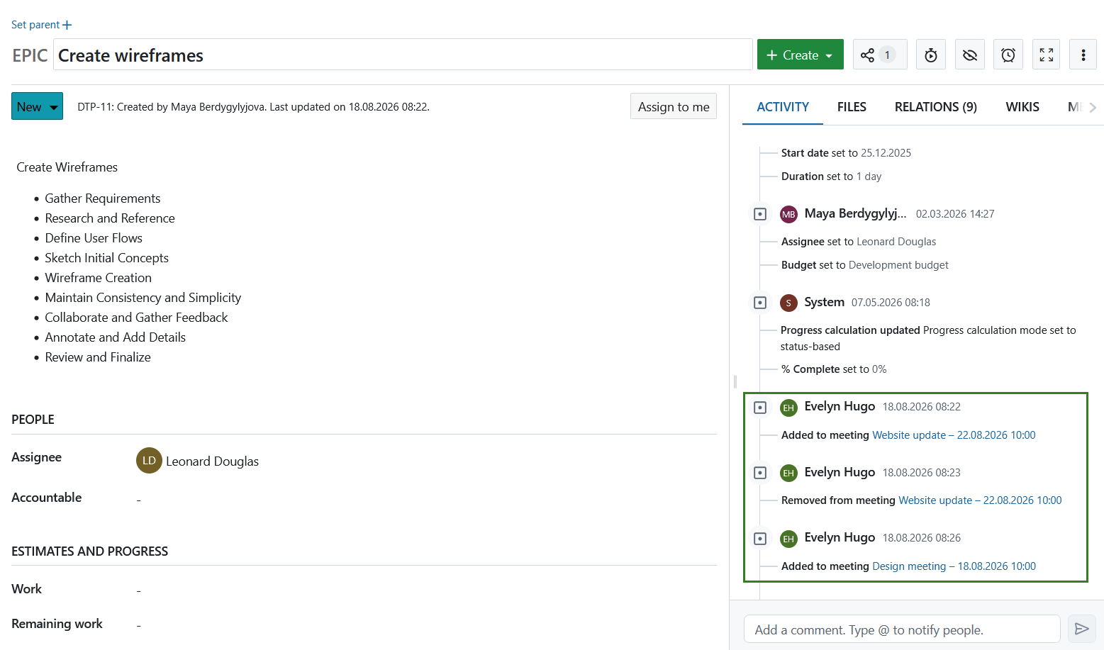 Separador Atividade a apresentar atualizações quando um pacote de trabalho é adicionado ou removido de uma reunião