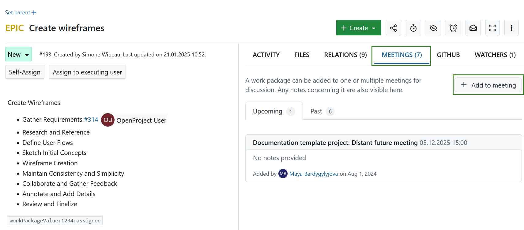 Botão para adicionar um pacote de trabalho a uma reunião no separador Reuniões de um pacote de trabalho no OpenProject