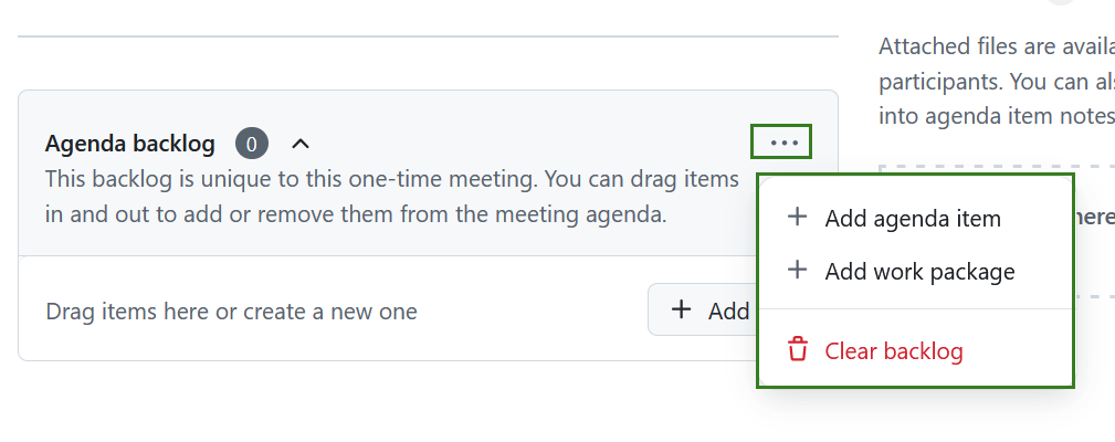 Backlog de ordem de trabalhos numa reunião pontual no OpenProject