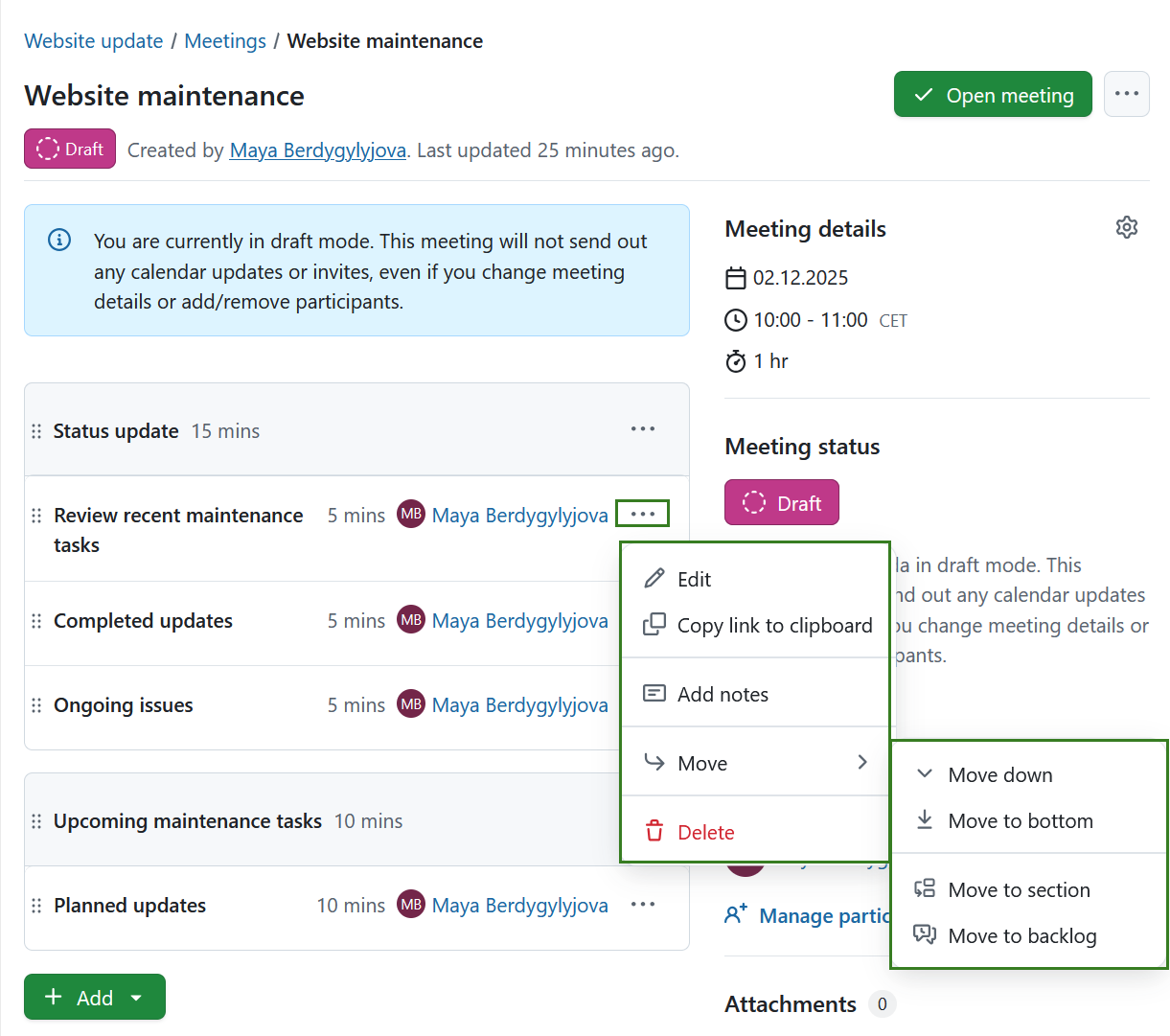 Editar, copiar, mover ou eliminar um elemento da agenda no módulo de reuniões do OpenProject