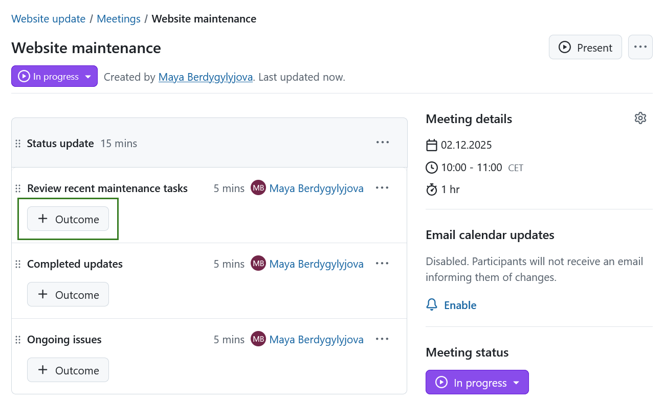 Botão para adicionar um resultado da ordem de trabalhos em reuniões do OpenProject