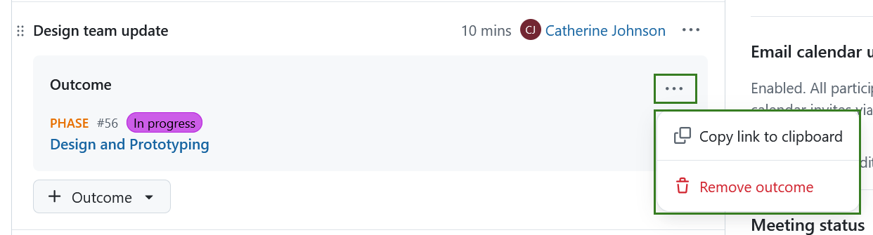 Copie o link ou remova o resultado de um pacote de trabalho de uma reunião do OpenProject