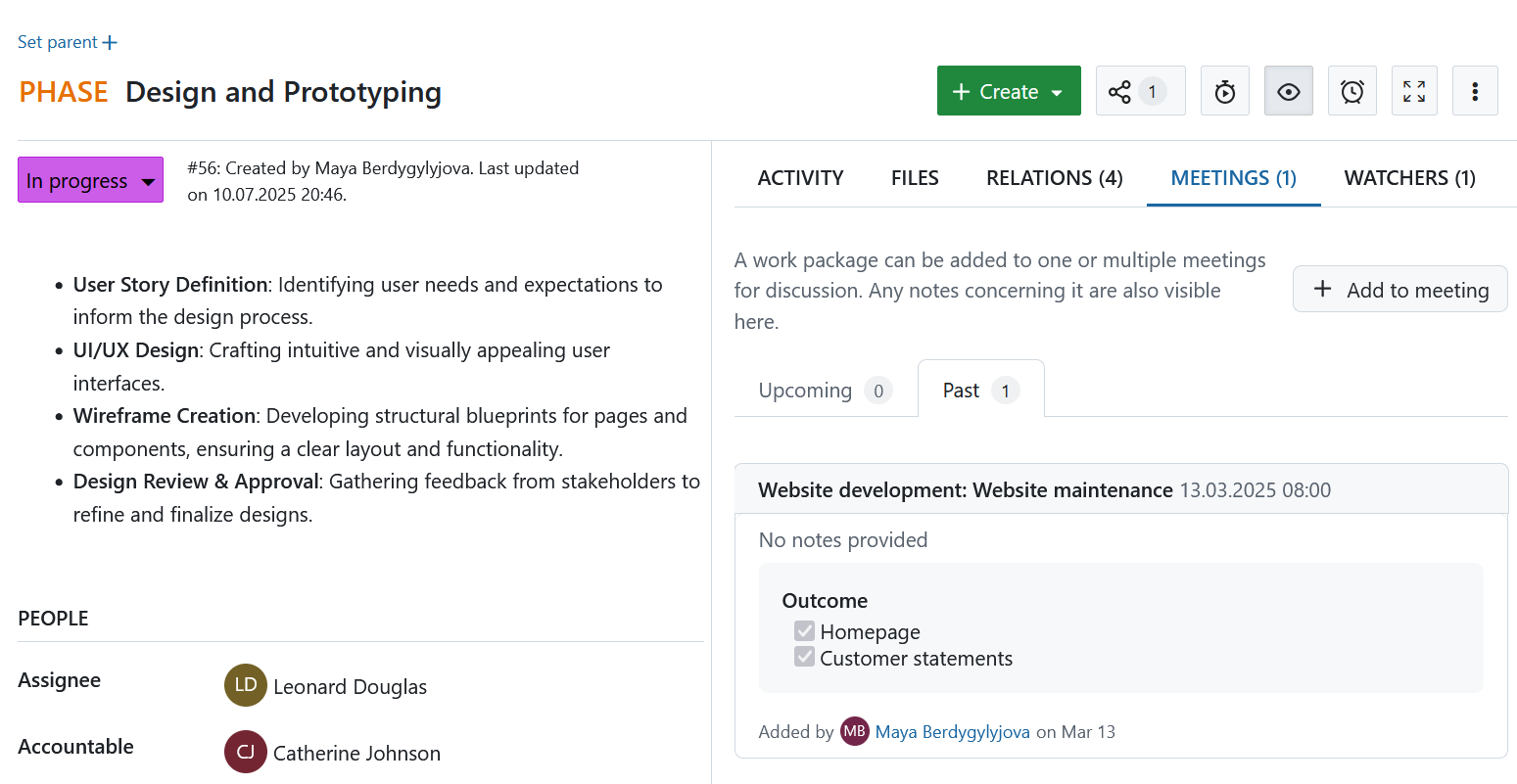Resultados do item da ordem de trabalhos apresentados no separador Reuniões num pacote de trabalho no OpenProject