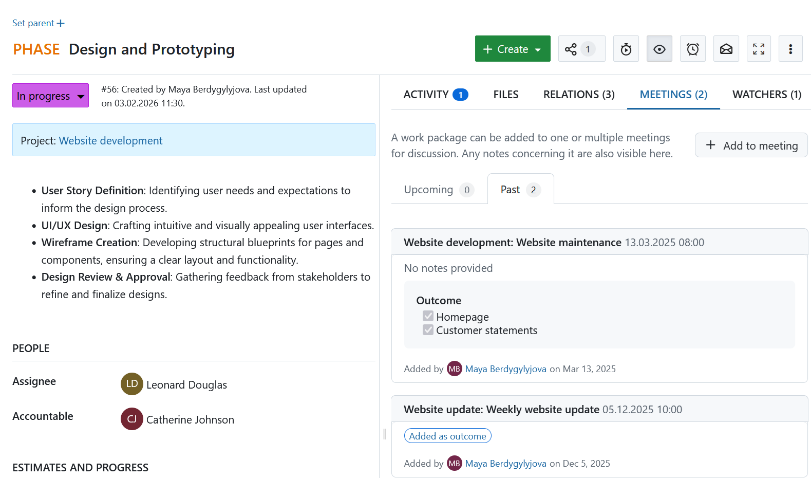 Resultados do item da ordem de trabalhos apresentados no separador Reuniões num pacote de trabalho no OpenProject