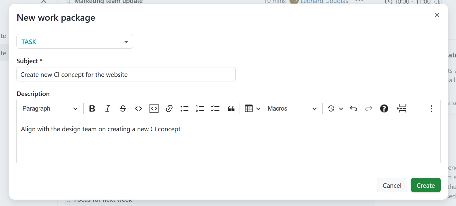 Formulário para criar um novo pacote de trabalho como resultado da ordem de trabalhos numa reunião OpenProject