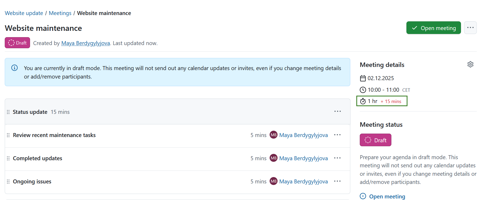 A soma da duração dos pontos da ordem de trabalhos da reunião é superior à duração da reunião definida no OpenProject