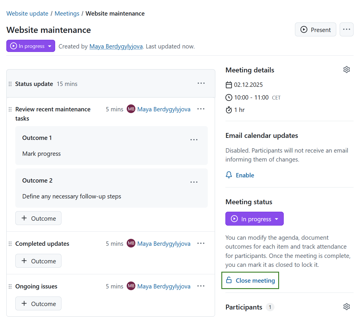 Encerrar uma reunião no OpenProject