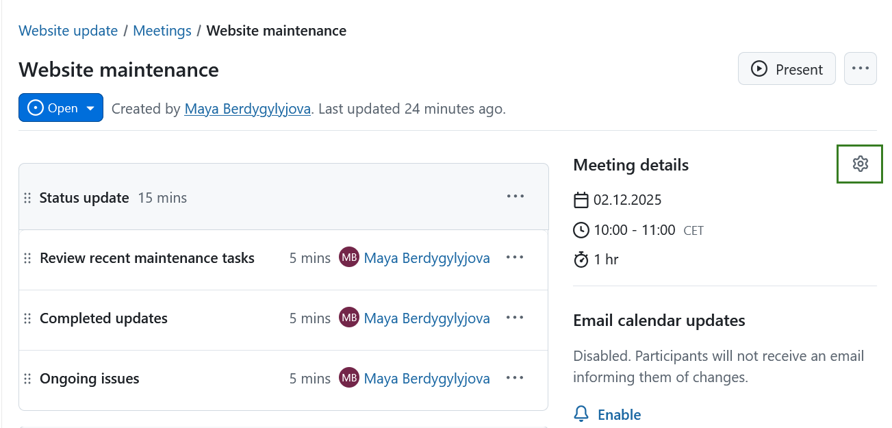 Um ícone de roda dentada para editar uma reunião no OpenProject