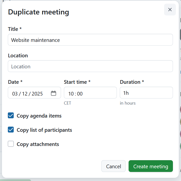 Edite os detalhes de uma reunião copiada no OpenProject