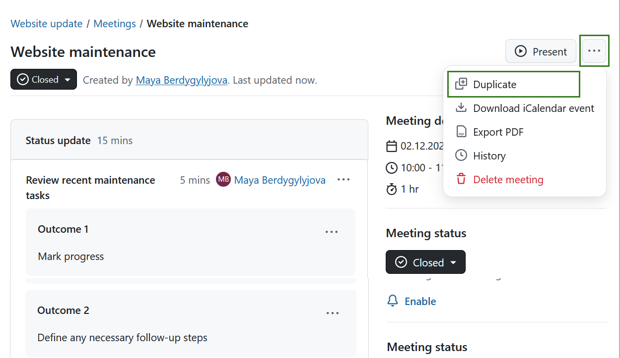 Copiar uma reunião no OpenProject
