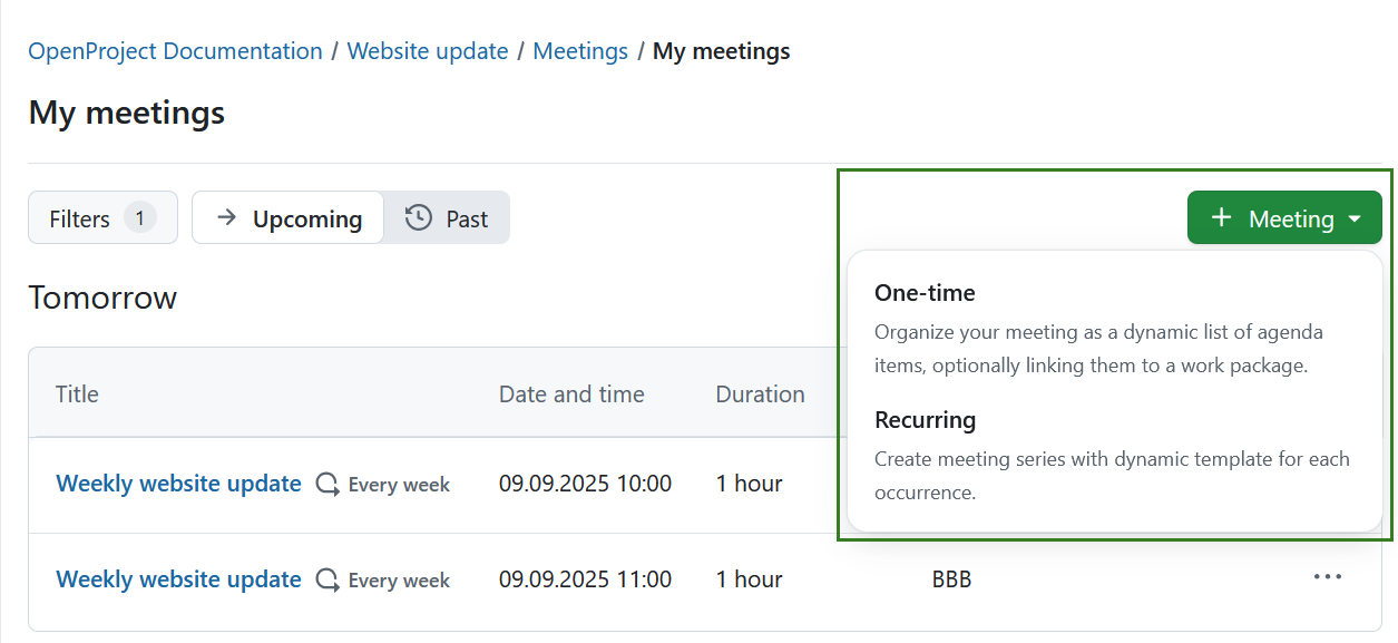 Criar uma nova reunião no OpenProject