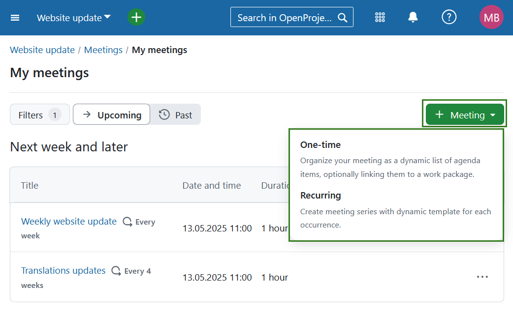Create new meeting in OpenProject