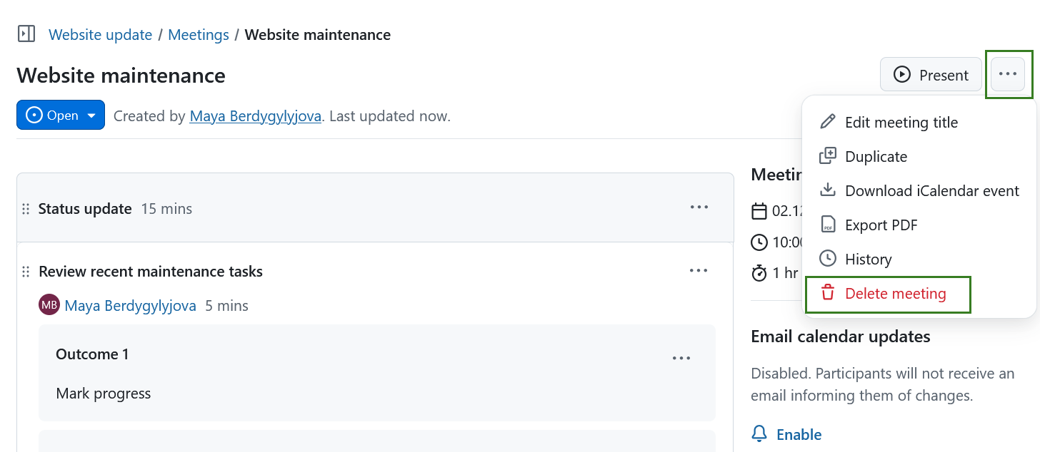 Eliminar uma reunião no OpenProject