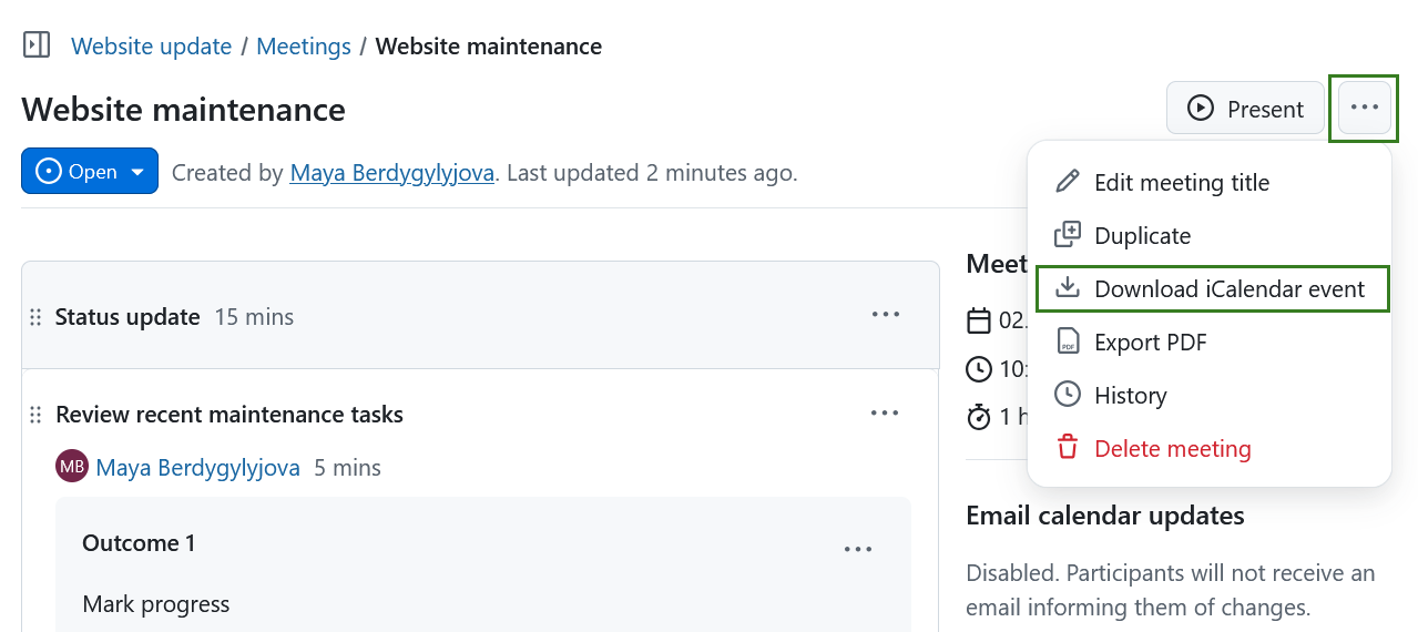 Um ícone para descarregar uma reunião como um evento iCalendar no módulo de reuniões do OpenProject