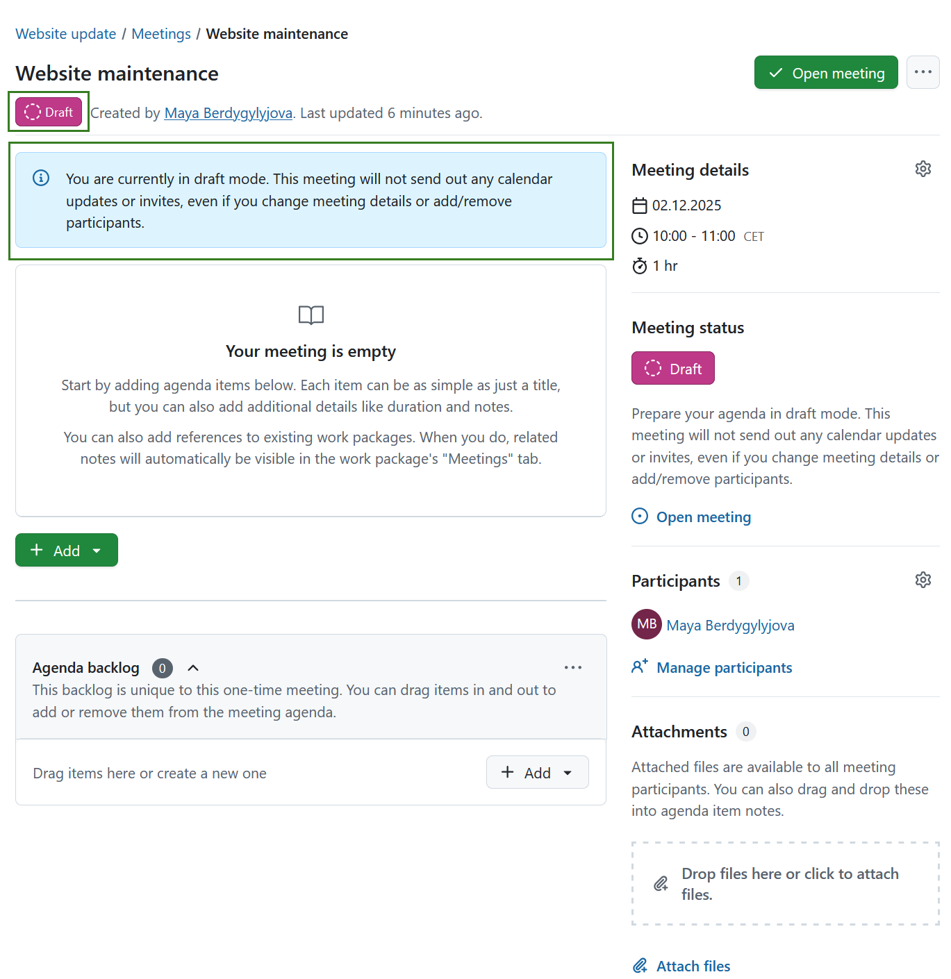 Uma reunião recém-criada em modo de rascunho no OpenProject, destacando o estado do rascunho e a faixa