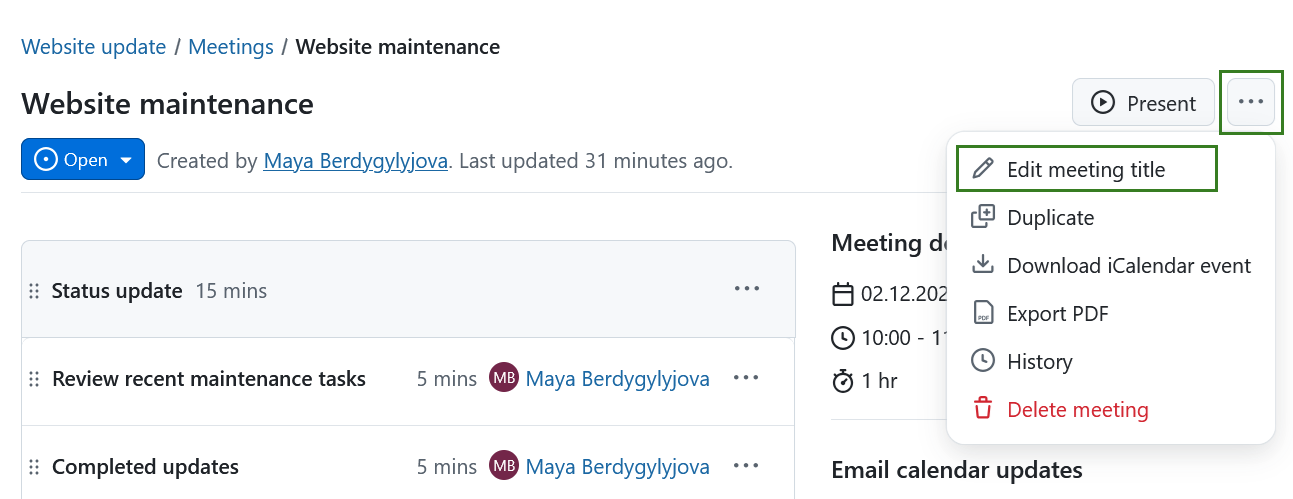 Editar o título de uma reunião no OpenProject