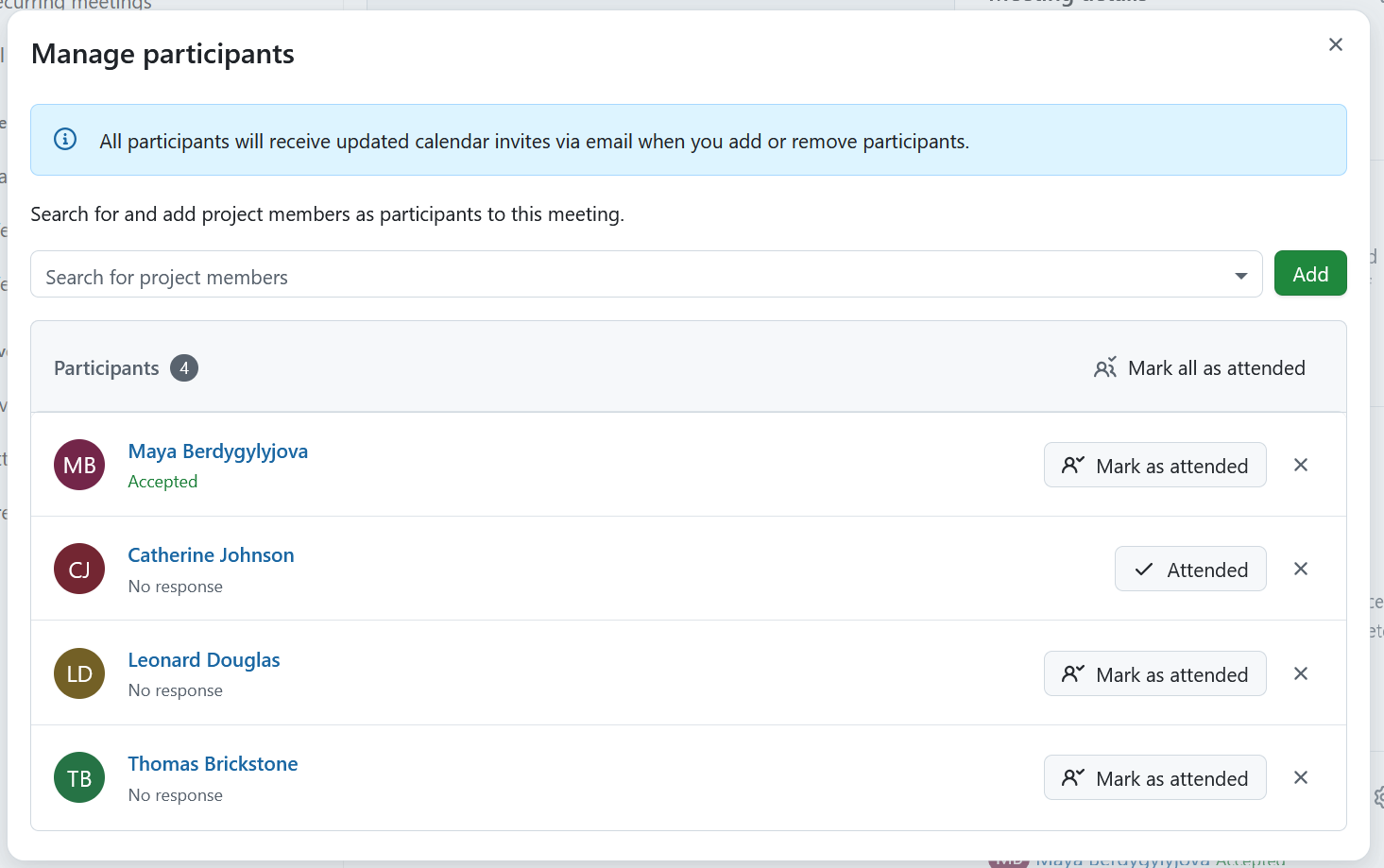 Botão para marcar os participantes da reunião como presentes no módulo de reuniões do OpenProject