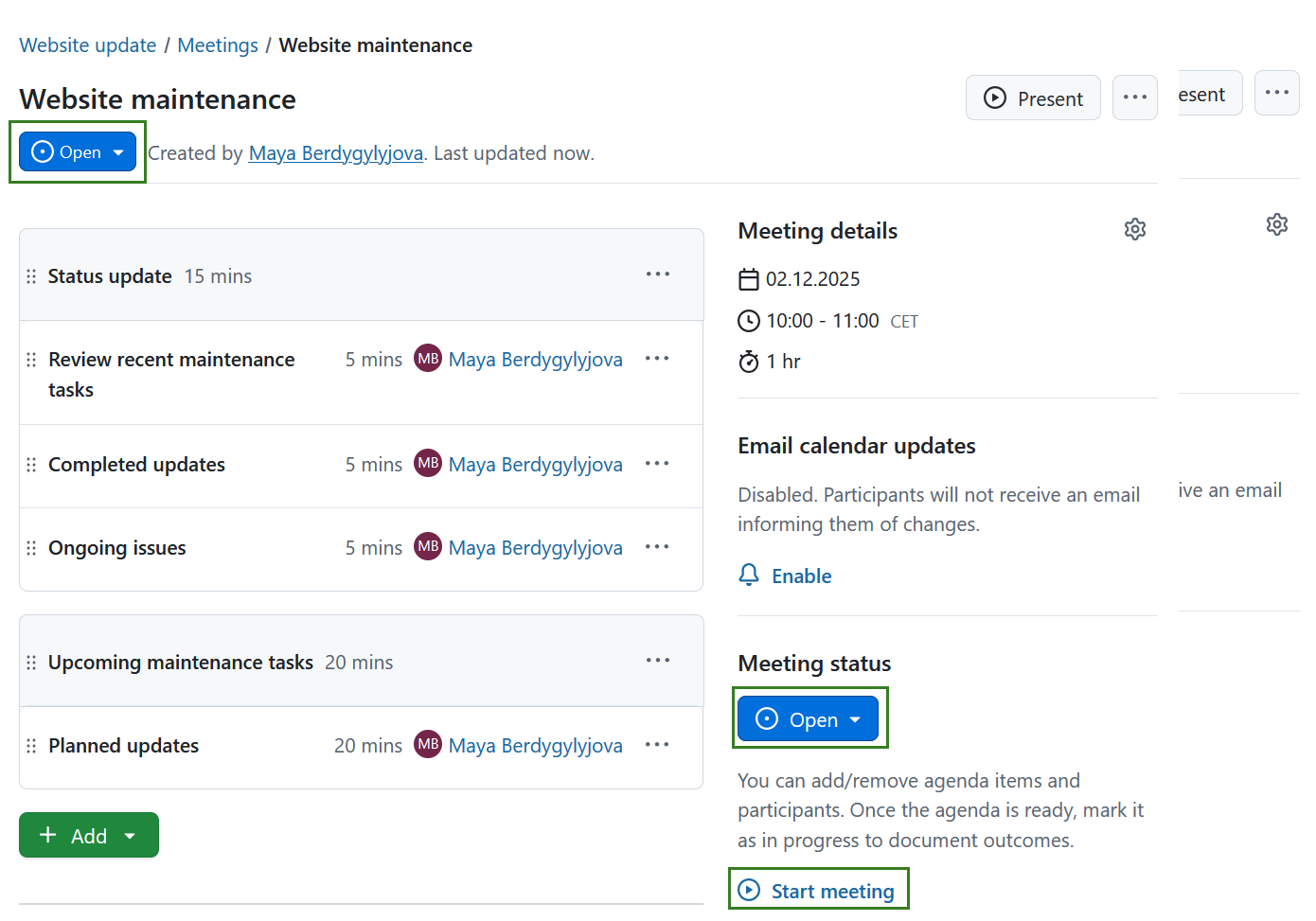 Ligação para iniciar uma reunião no OpenProject