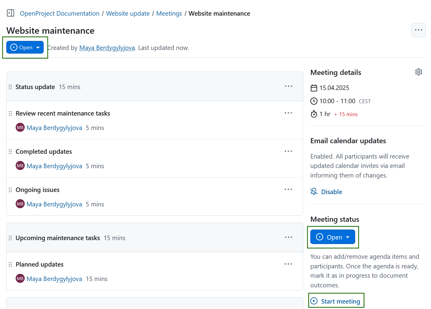 Ligação para iniciar uma reunião no OpenProject