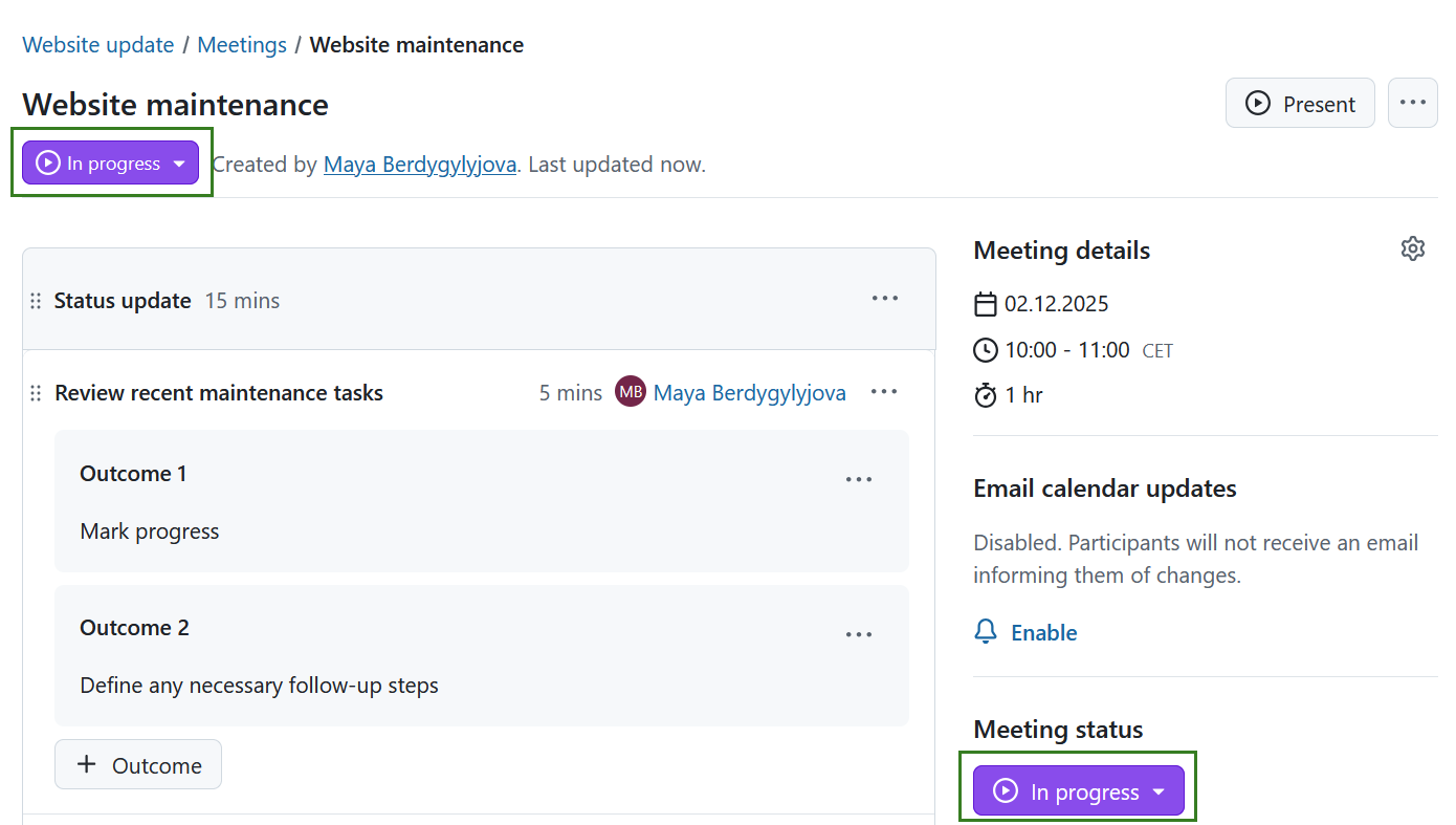 Estado da reunião no OpenProject