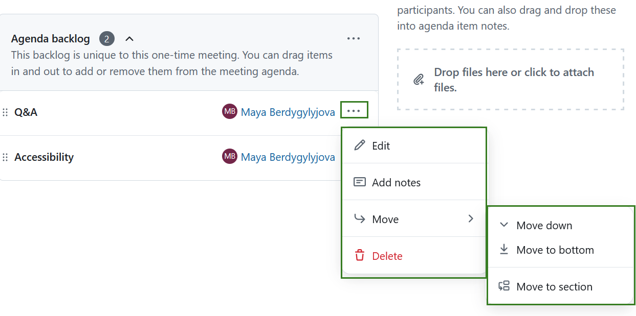 Mover elementos da ordem de trabalhos do backlog nas Reuniões do OpenProject