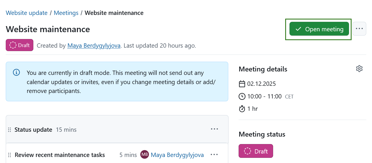 Um botão para terminar o modo de rascunho e marcar uma reunião como aberta no OpenProject
