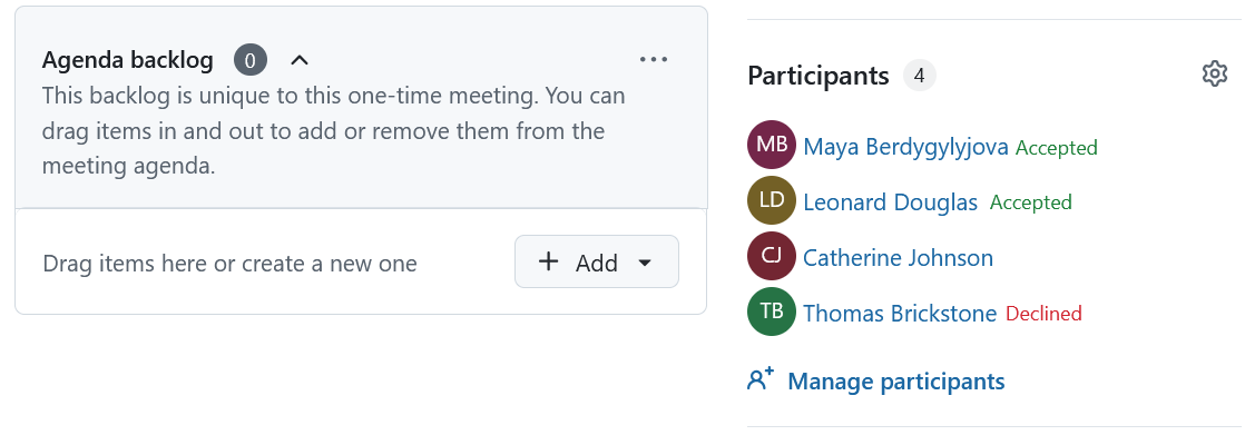 Participantes da reunião com o seu estado destacado numa reunião OpenProject
