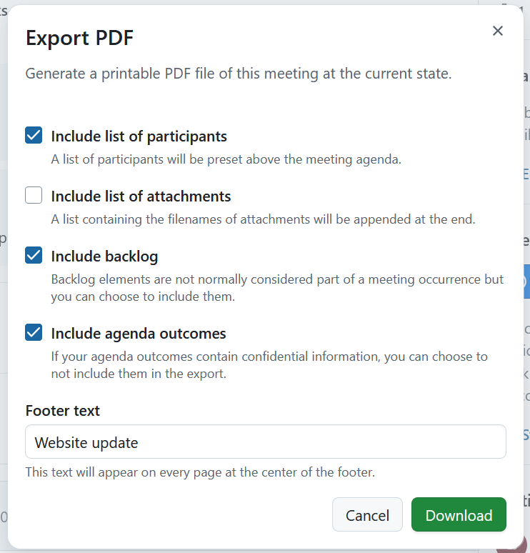 Um diálogo para especificar a exportação em PDF de uma reunião no OpenProject