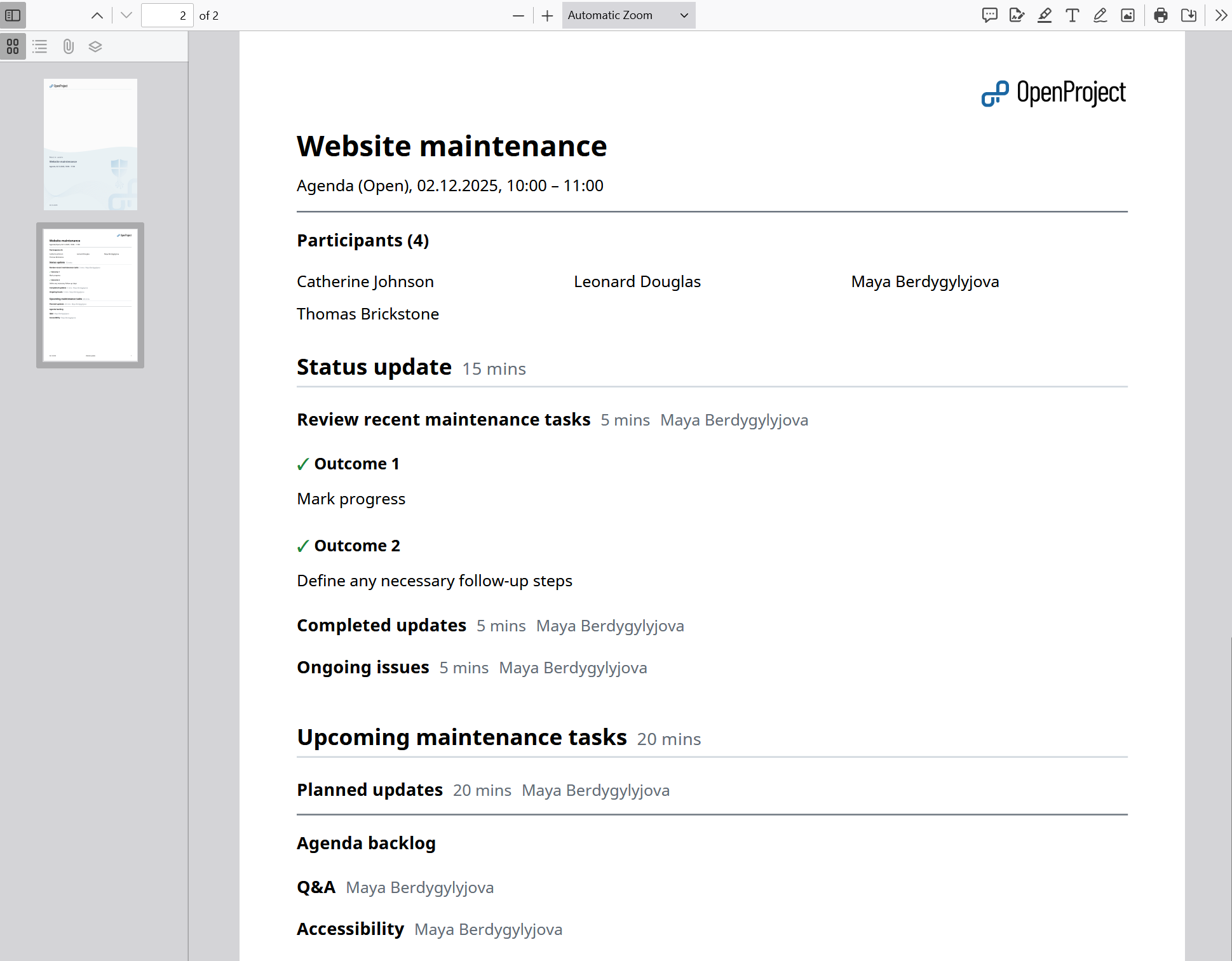 Um exemplo de uma reunião exportada como um ficheiro PDF no módulo de reuniões do OpenProject