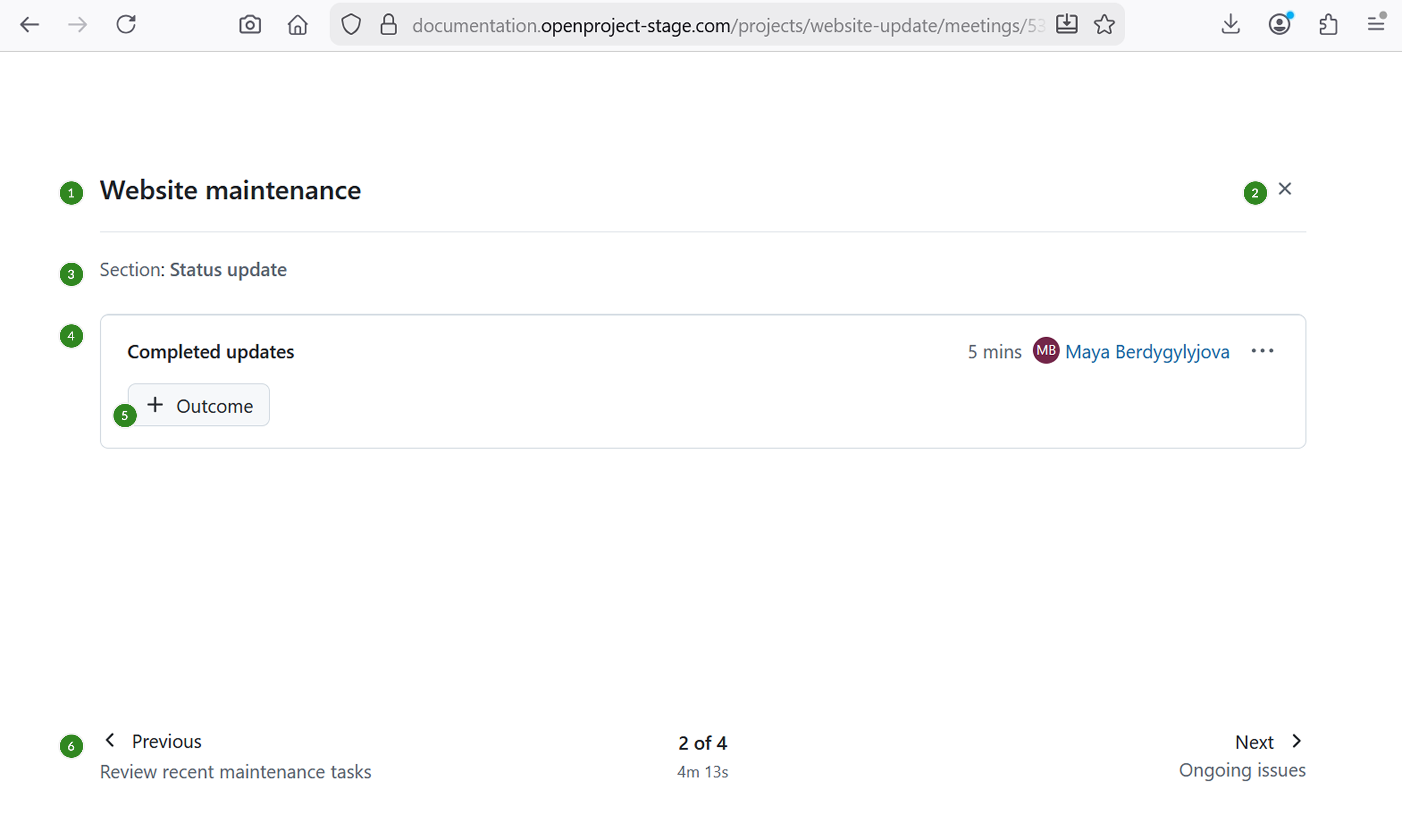 Um exemplo de uma reunião em modo de apresentação ativa no OpenProject