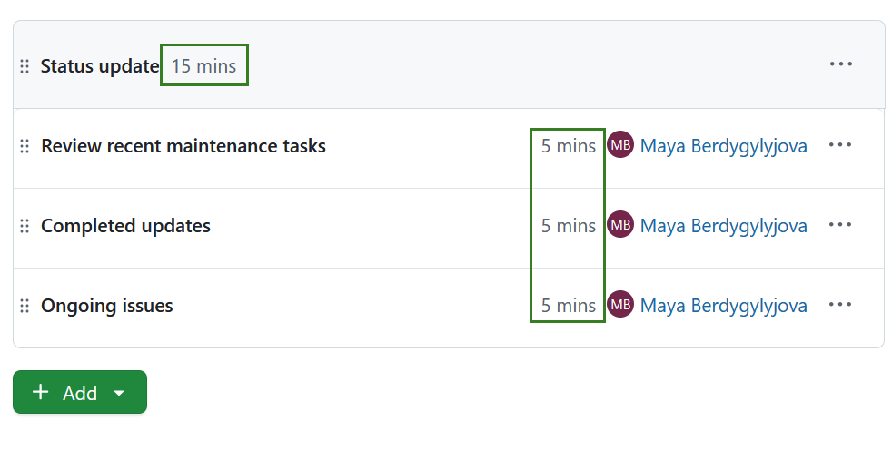 Duração de uma secção na reunião do OpenProject