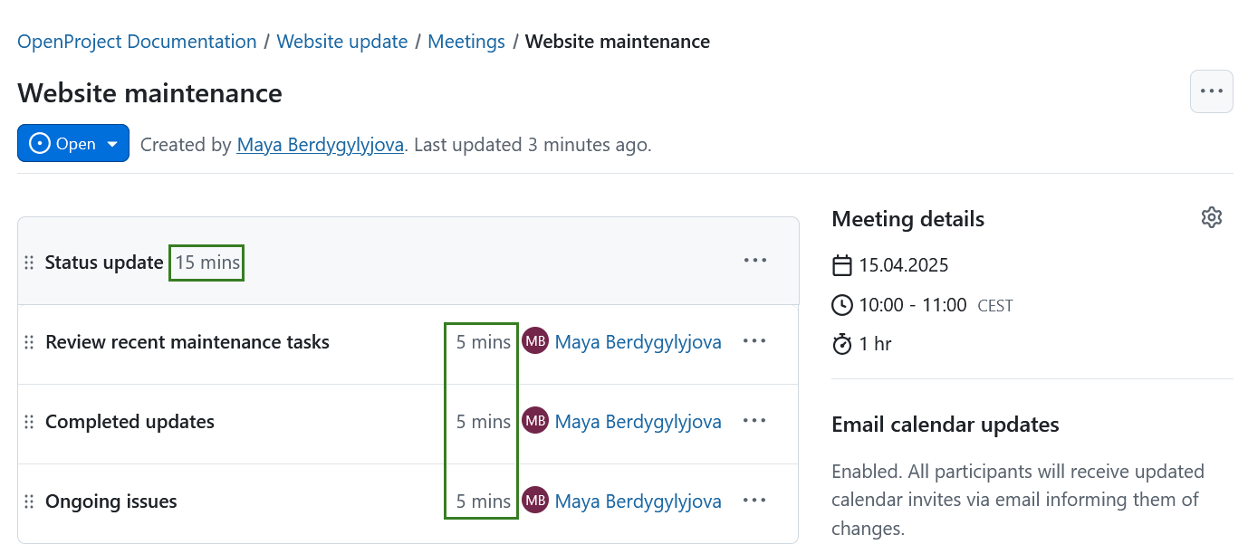 Duração de uma secção na reunião do OpenProject
