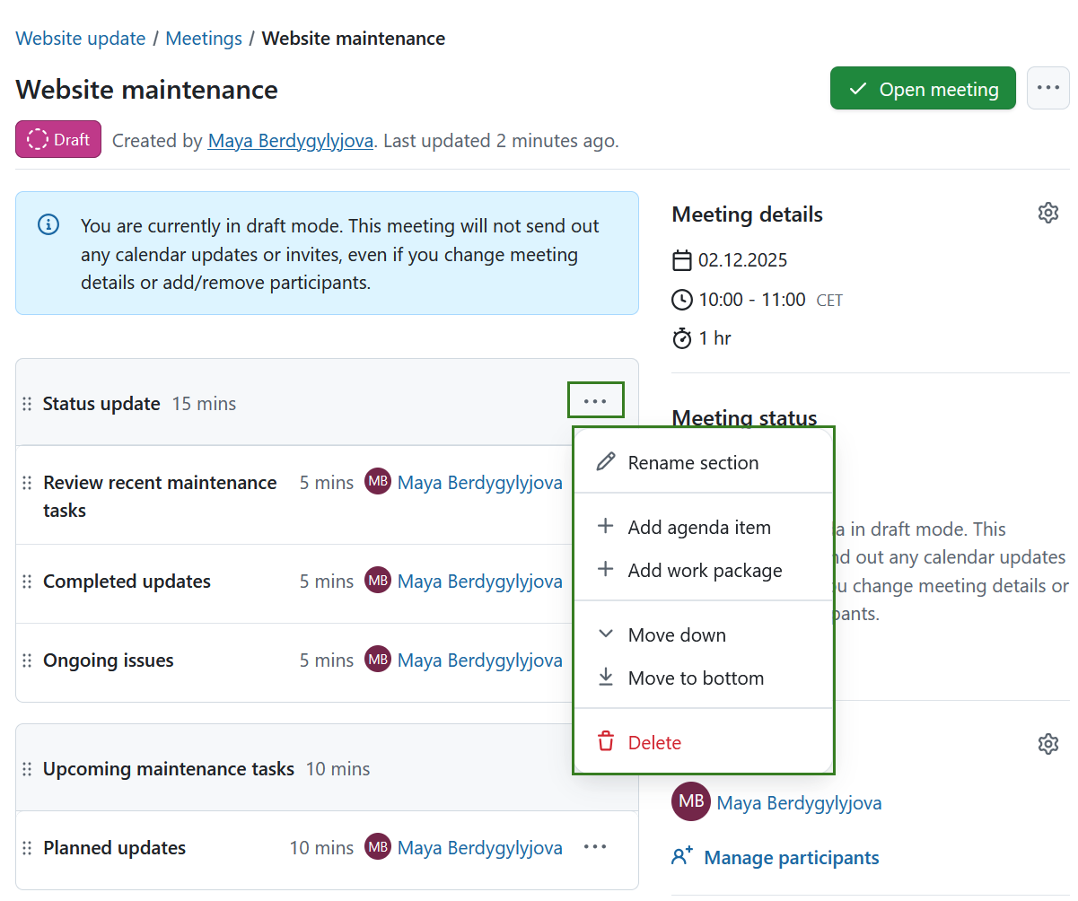 Editar ou eliminar uma secção numa reunião do OpenProject