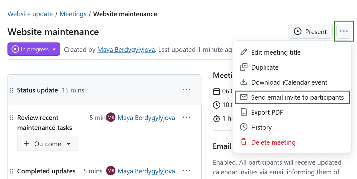 Opção para enviar um convite por e-mail aos participantes de uma reunião OpenProject