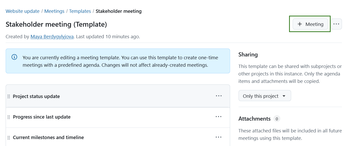 Créer une nouvelle réunion ponctuelle à partir d’une vue de modèle de réunion dans le modèle de réunion OpenProject