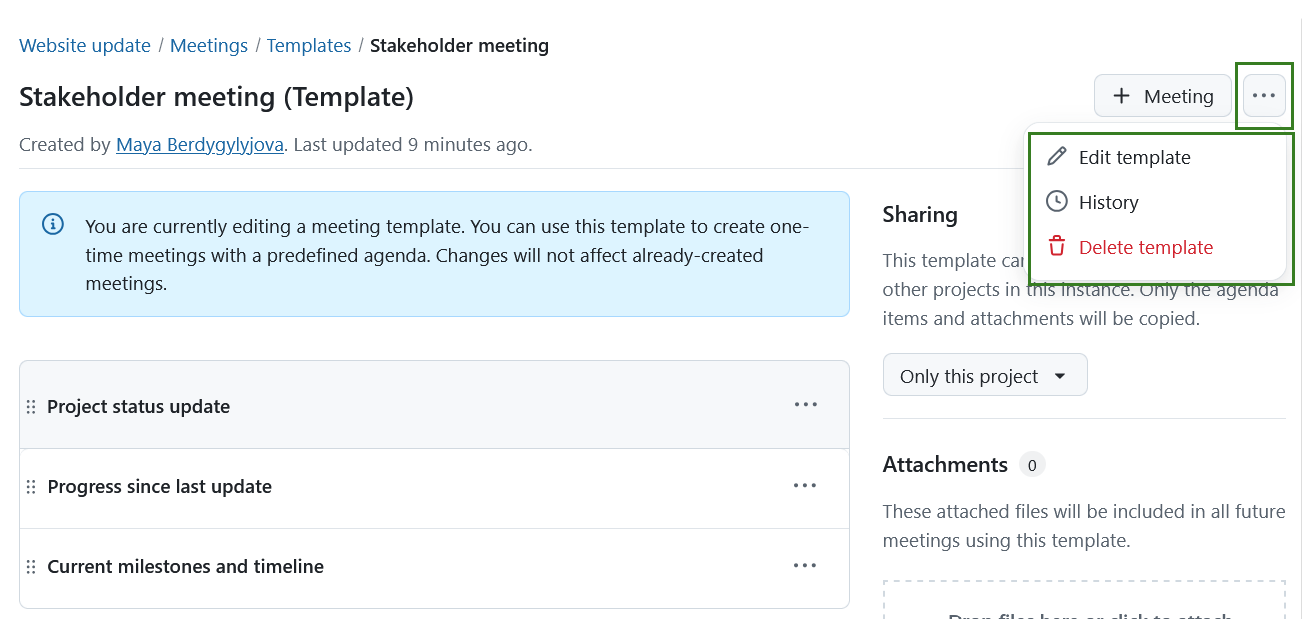 Modifier, supprimer ou consulter l’historique d’un modèle de réunion