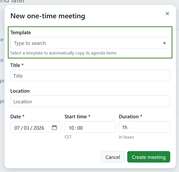 Select a template when creating a new one-time meeting in OpenProject