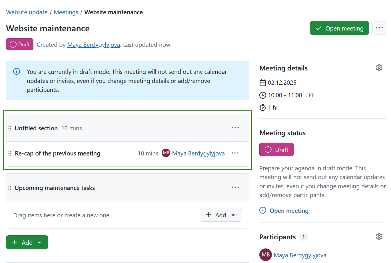 Secção sem título na reunião do OpenProject