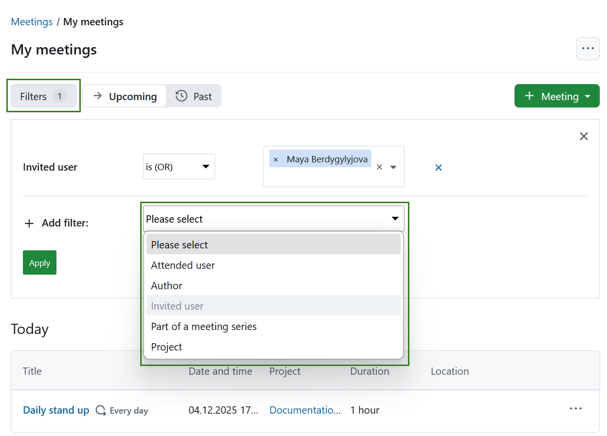 Filter the list of dynamic meetings in OpenProject