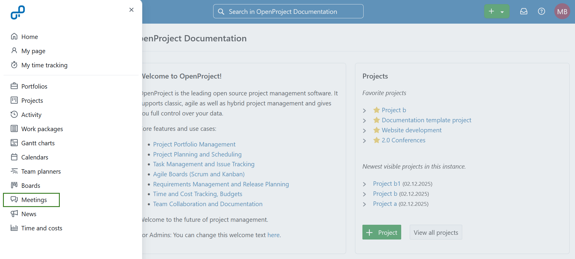 Select meetings module from openproject global modules 