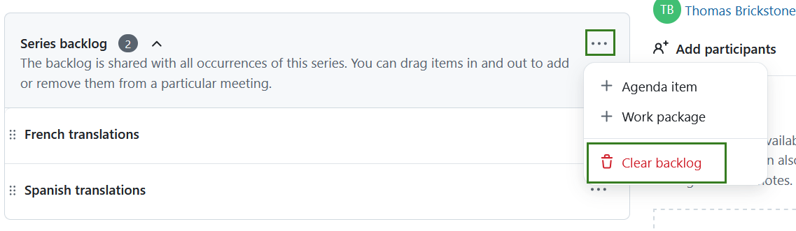 An option to clear a series backlog in OpenProject recurring meetings