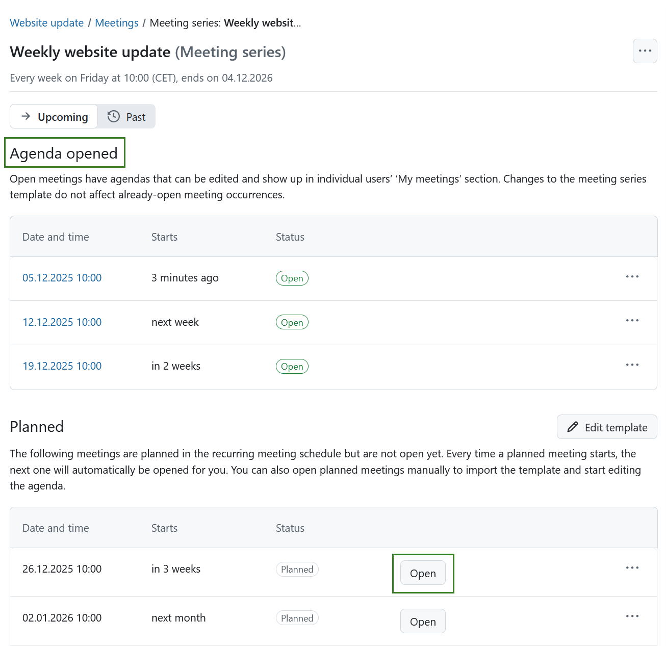 Select a meeting occurrence on a recurring meetings series index page