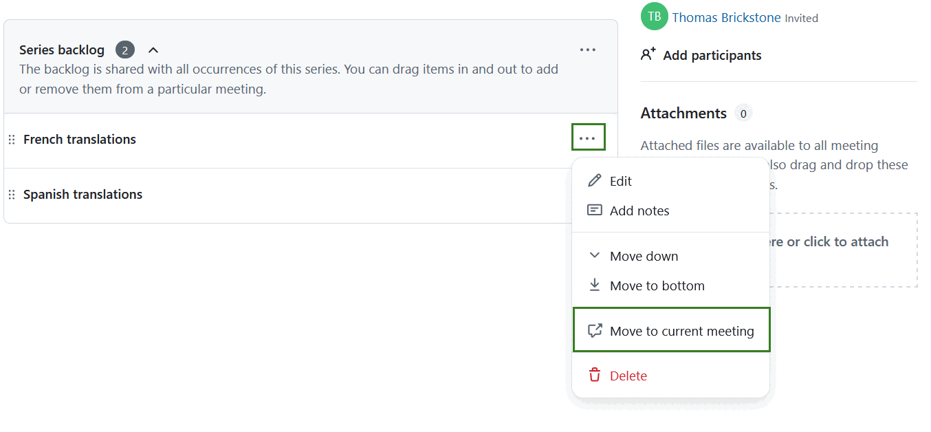 Mover elementos da ordem de trabalhos do backlog da série para a ordem de trabalhos nas Reuniões do OpenProject